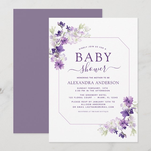Dusty Purple Floral Greenery Baby Shower Invitation (Front/Back)