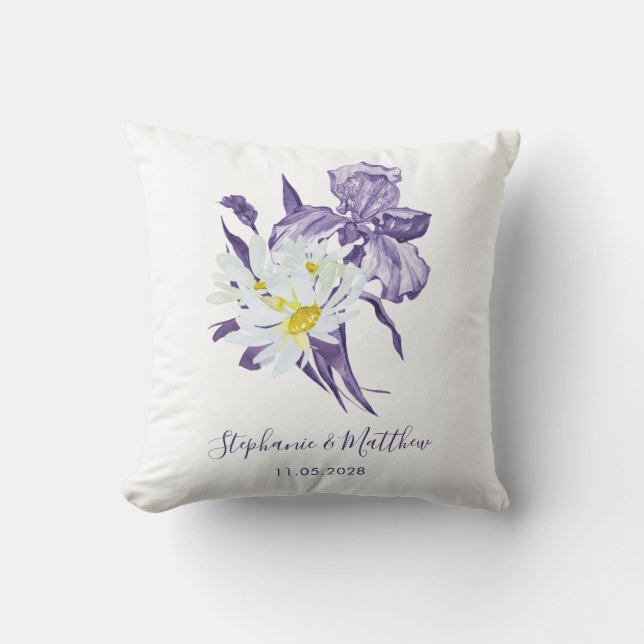 Dusty Purple Floral Iris White Daisy Wedding Cushion (Front)