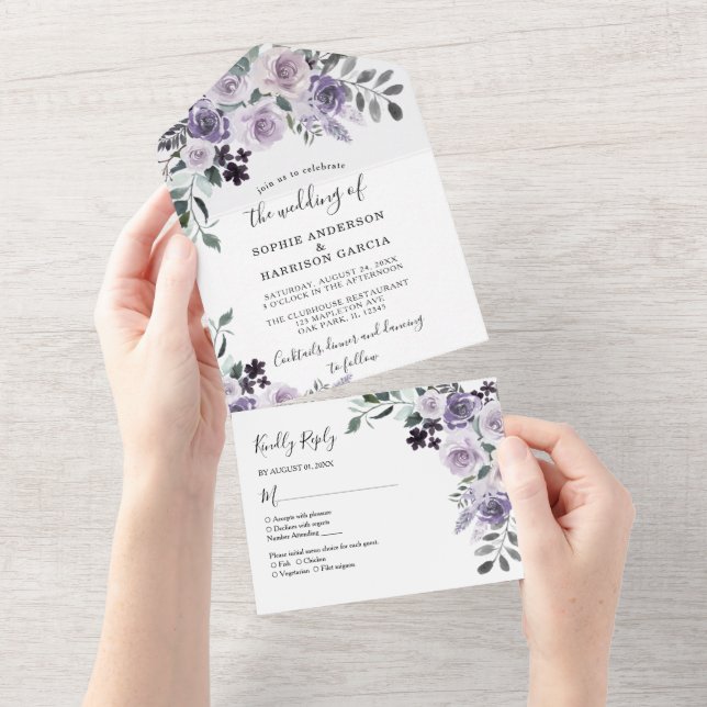Dusty Purple Floral Lilac Flowers Rustic Wedding A All In One Invitation (Tearaway)