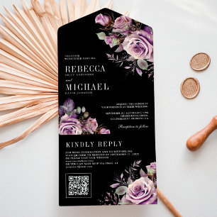 Dusty Purple Floral QR Code Black Wedding All In One Invitation