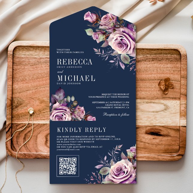 Dusty Purple Floral QR Code Navy Blue Wedding All In One Invitation (Creator Uploaded)