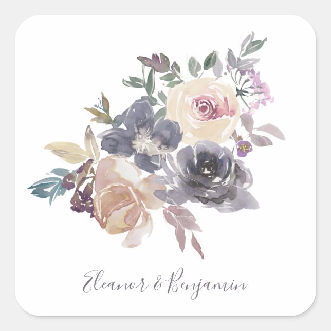 Dusty Purple Floral Watercolor Wedding Custom Square Sticker (Front)