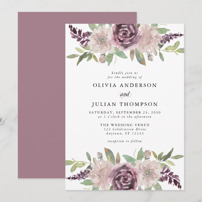 Dusty Purple Floral Watercolor Wedding Invitation (Front/Back)
