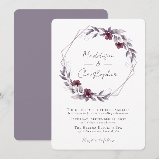 Dusty Purple Floral Wreath Wedding Invitation (Front/Back)