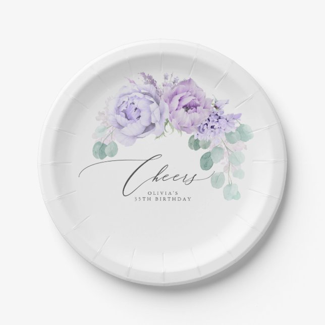 Dusty Purple Flowers Elegant Botanical Wreath Paper Plate (Front)
