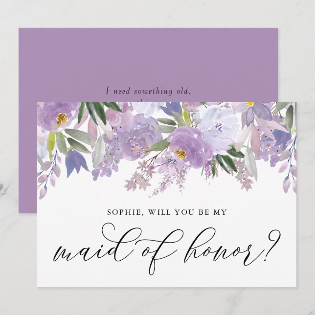 Dusty Purple Flowers Will You Be My Maid of Honour Invitation (Front/Back)