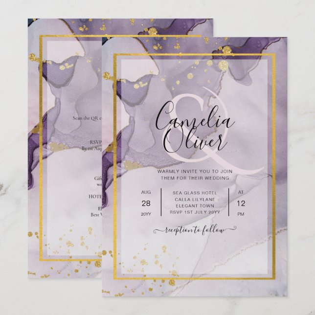 Dusty Purple Gold Alcohol INK Abstract Wedding Invitation (Front/Back)