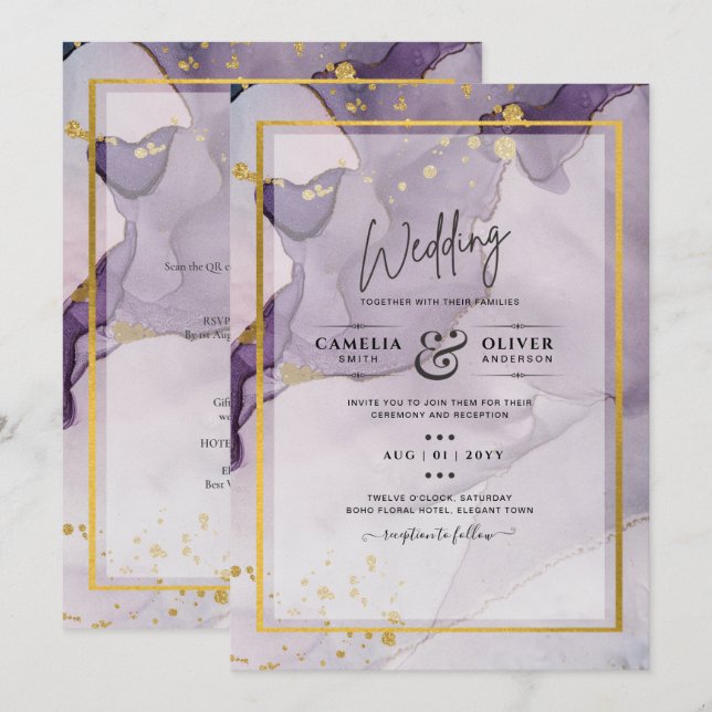 Dusty Purple Gold Alcohol INK Abstract Wedding Invitation (Front/Back)