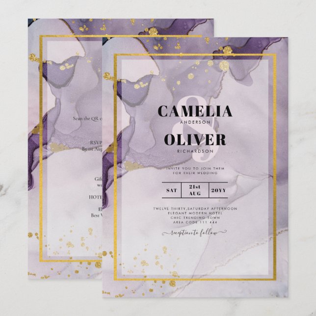 Dusty Purple Gold Alcohol INK Abstract Wedding Invitation (Front/Back)