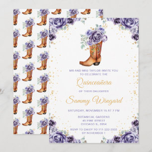Dusty Purple Gold Floral Cowboy Boot Quinceañera Invitation