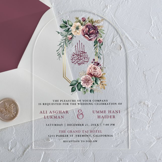 Dusty Purple Gold Floral Crest Muslim Wedding Acrylic Invitations (Creator Uploaded)