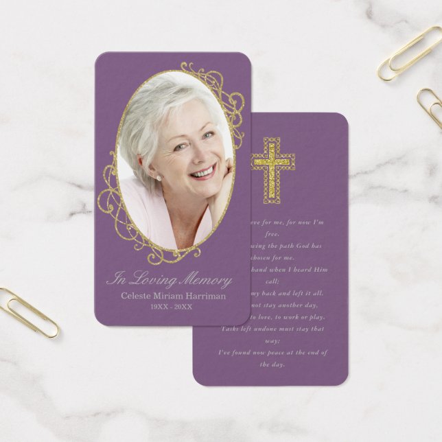 Dusty Purple Gold Photo Funeral Prayer Card (Office)