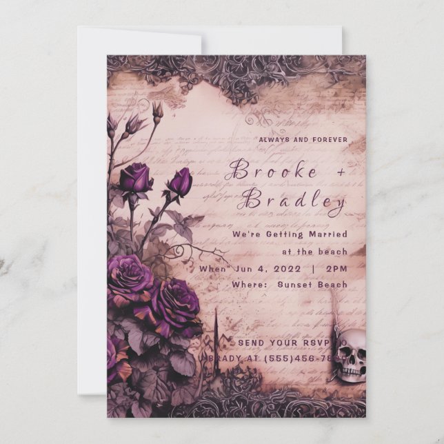 Dusty Purple Gothic Skull Wedding Invitation (Front)