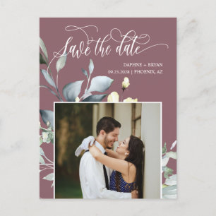 Dusty Purple Green Leaves QR Code Save the Date Announcement Postcard