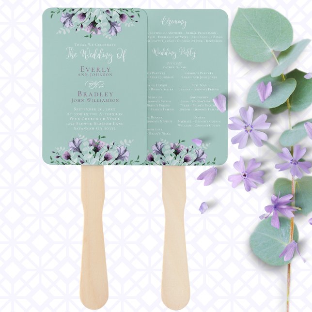 Dusty Purple Green Watercolor Floral Program Hand Fan (Creator Uploaded)