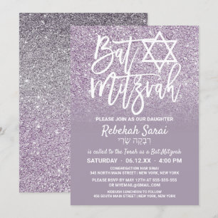 Dusty Purple Grey Faux Glitter Ombre Bat Mitzvah Invitation