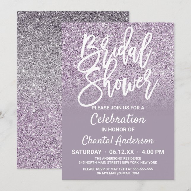 Dusty Purple Grey Faux Glitter Ombre Bridal Shower Invitation (Front/Back)