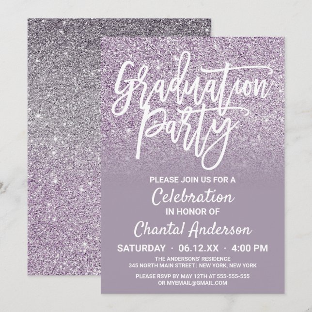 Dusty Purple Grey Faux Glitter Ombre Graduation Invitation (Front/Back)