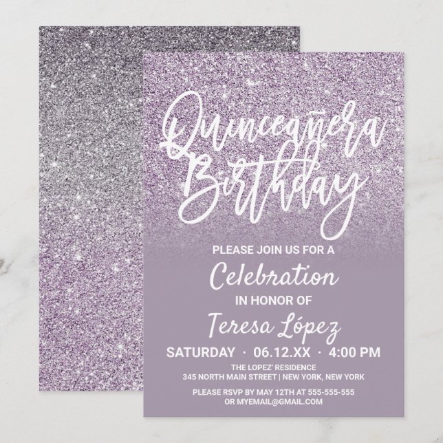 Dusty Purple Grey Faux Glitter Ombre Quinceañera Invitation (Front/Back)