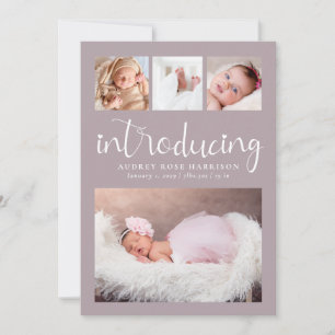 Dusty Purple Introducing Photo Collage Birth Announcement