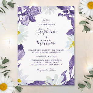 Dusty Purple Iris White Daisy Botanical Wedding Invitation