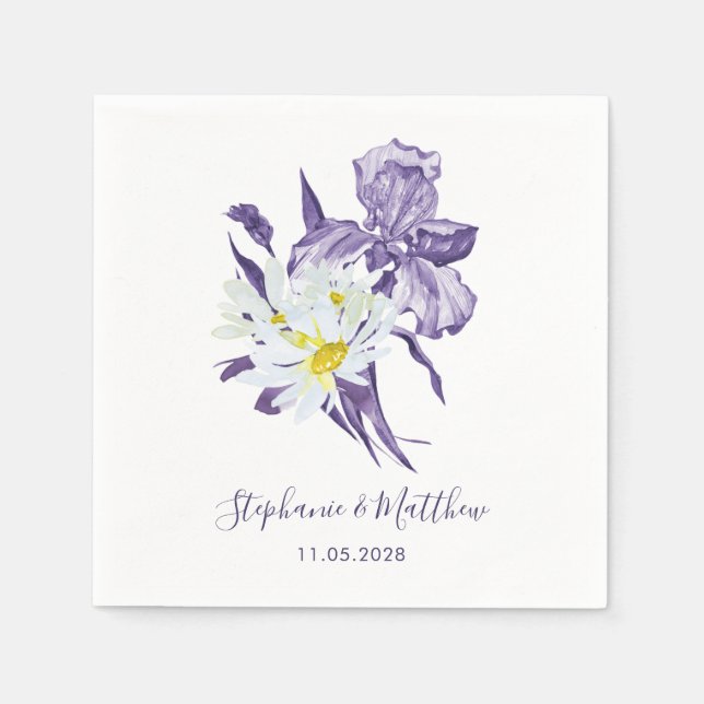 Dusty Purple Iris White Daisy Botanical Wedding Napkin (Front)