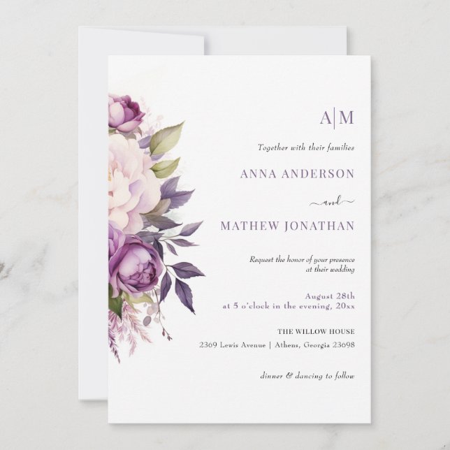 Dusty Purple Lavender Floral Boho monogram wedding Invitation (Front)
