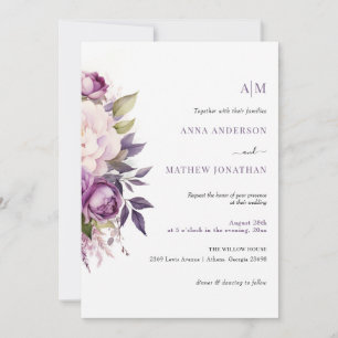 Dusty Purple Lavender Floral Boho monogram wedding Invitation