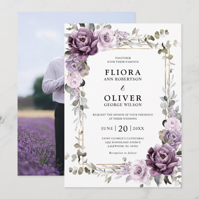 Dusty Purple Lavender Gold Geometric Wedding Invit Invitation (Front/Back)