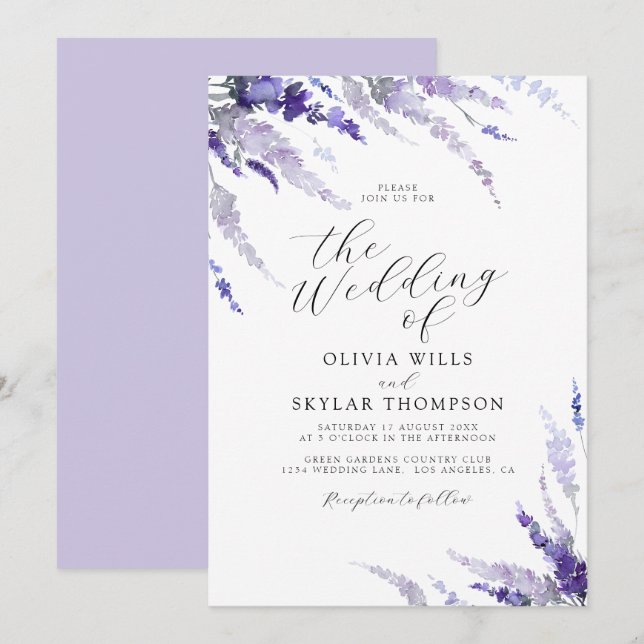 Dusty Purple Lavender Mauve Lilac Floral Wedding Invitation (Front/Back)
