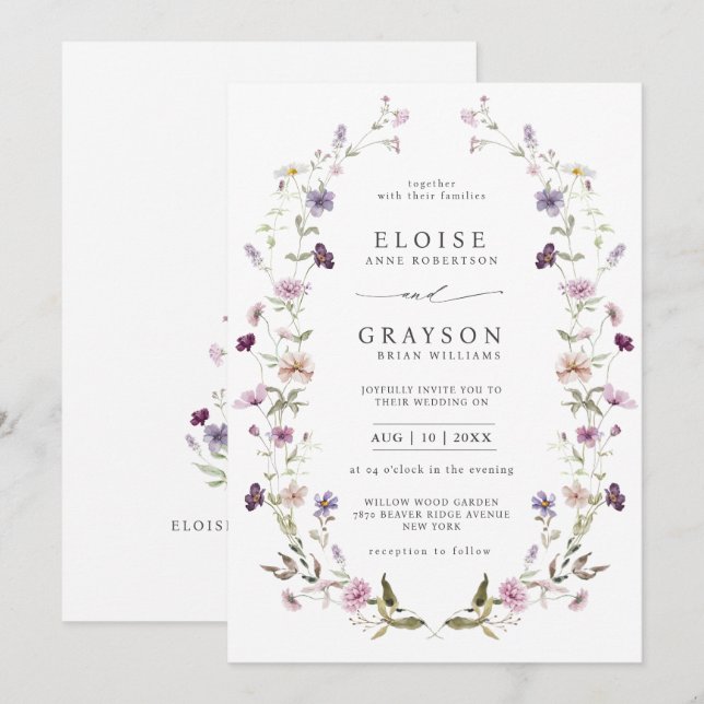 Dusty Purple Lavender Wildflower Garden Wedding  Invitation (Front/Back)