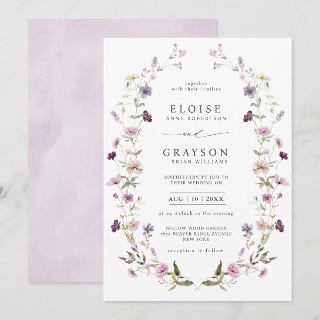 Dusty Purple Lavender Wildflower Garden Wedding  Invitation (Front/Back)