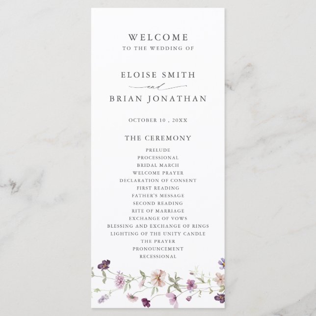 Dusty Purple Lavender Wildflower Garden Wedding  Programme (Front)