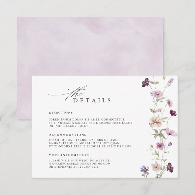 Dusty Purple Lavender Wildflower  Wedding Details Enclosure Card (Front/Back)