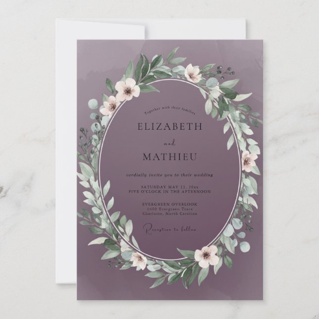 Dusty Purple Leafy Wedding Invitation (Front)