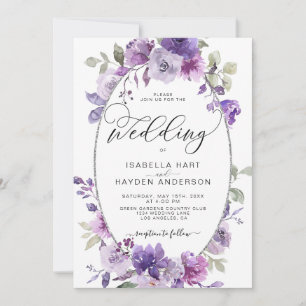 Dusty Purple Lilac MauveFloral Silver Foil Wedding Invitation