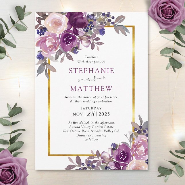 Dusty Purple Mauve Botanical Gold Border Wedding Invitation (Creator Uploaded)