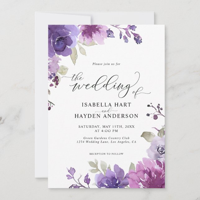 Dusty Purple Mauve Lilac Floral Boho Wedding Invitation (Front)