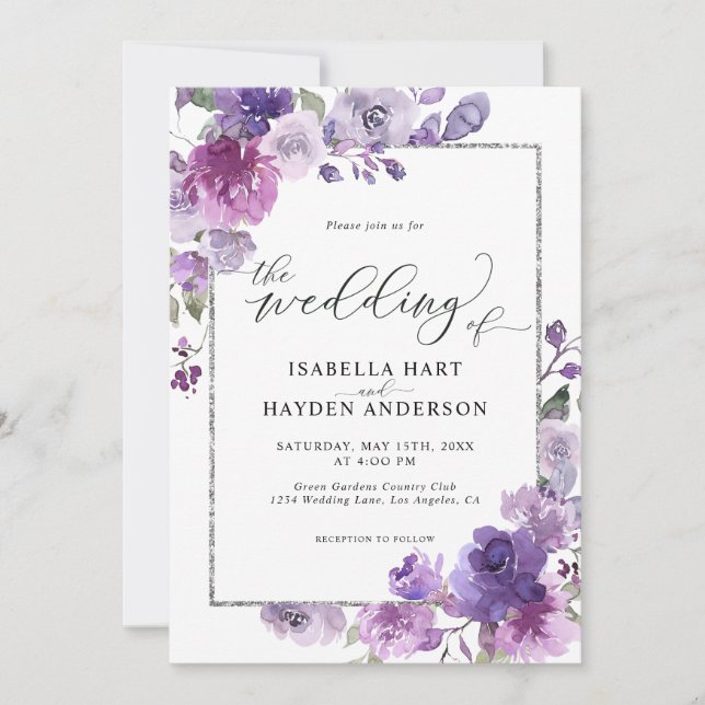 Dusty Purple Mauve Lilac Floral SilverFoil Wedding Invitation (Front)