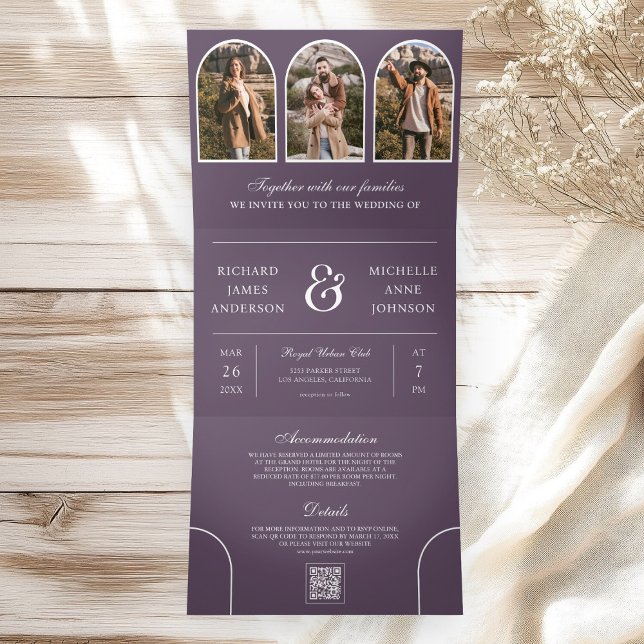 Dusty Purple Minimal Arch Photo QR code Wedding Tri-Fold Invitation (Creator Uploaded)