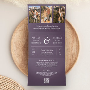 Dusty Purple Minimal Photo Collage QR Code Wedding Tri-Fold Invitation