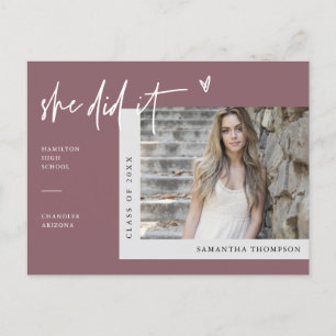 Dusty Purple Minimal Photo She Did It Graduation P Postcard
