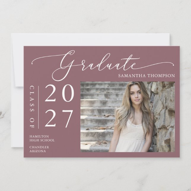 Dusty Purple Minimal Script School Graduate Photo Invitation (Front)