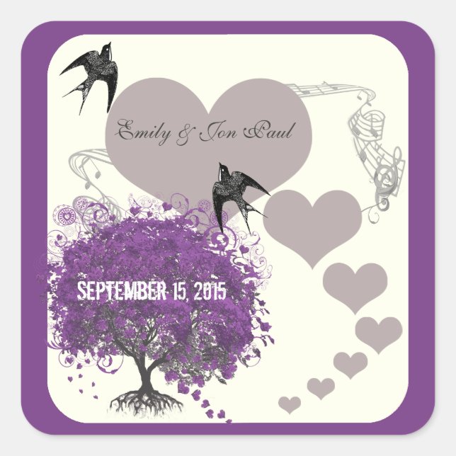 Dusty Purple Mink Heart Leaf Tree Weddings Square Sticker (Front)
