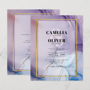 Dusty Purple Navy Blue Gold INK Wedding INVITE