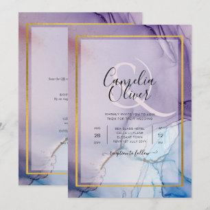Dusty Purple Navy Blue Gold INK Wedding INVITE