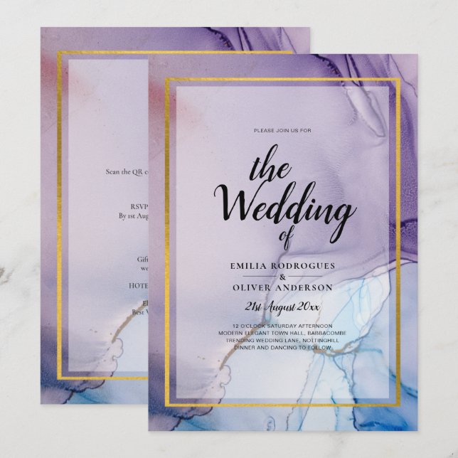 Dusty Purple Navy Blue Gold INK Wedding INVITE (Front/Back)