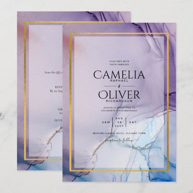 Dusty Purple Navy Blue Gold INK Wedding INVITE (Front/Back)