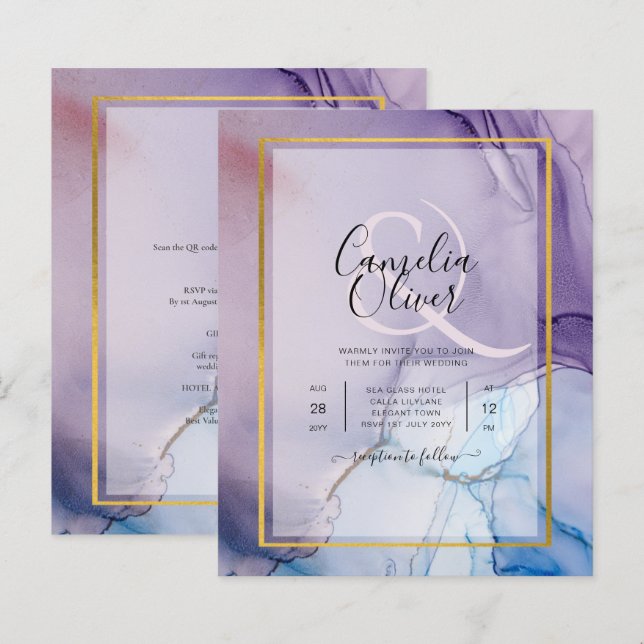 Dusty Purple Navy Blue Gold INK Wedding INVITE (Front/Back)