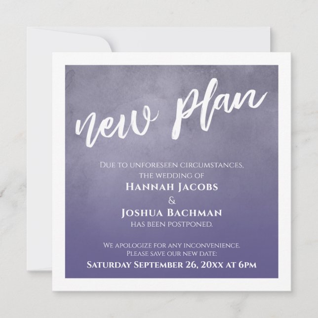 Dusty Purple Ombre Postponed Wedding New Plan Card (Front)